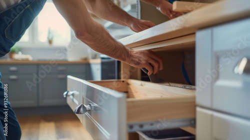 Handyman Installing Drawer in Kitchen Cabinet.