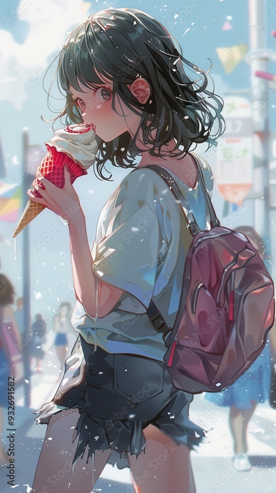 Obraz premium A young girl with short hair savors a colorful gelato cone, surrounded by a lively outdoor atmosphere in an anime-style scene