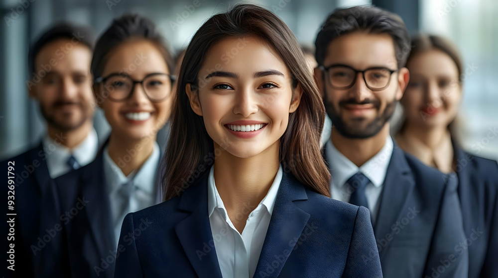 Professional group portrait of smiling individuals in business attire. Professional group portrait of smiling individuals in business attire.