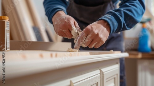 Carpenter applying glue to wood.