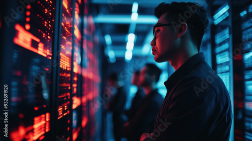 Programmer at a privacy data leak analysis screen in a big data server room