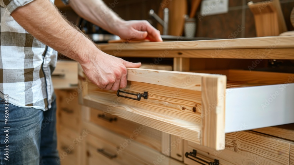 Man opening a wooden drawer in a kitchen.