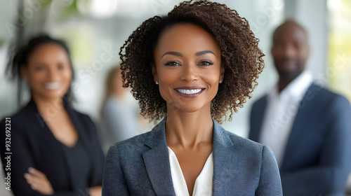 Professional group portrait with a confident woman in front.