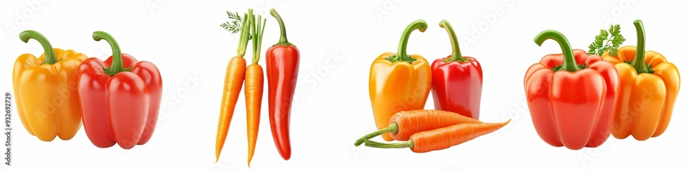 A vibrant selection of vegetables including red and yellow bell peppers paired with fresh orange carrots, isolated on a white background. A vibrant selection of vegetables including red and yellow bell peppers paired with fresh orange carrots, isolated on a white background.