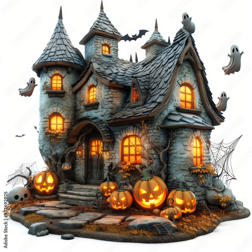 spooky haunted house with glowing jack-o'-lanterns, cobwebs, and ghosts floating around, creating a festive Halloween atmosphere, all depicted in a 3D cartoon style. Isolated white background spooky haunted house with glowing jack-o'-lanterns, cobwebs, and ghosts floating around, creating a festive Halloween atmosphere, all depicted in a 3D cartoon style. Isolated white background