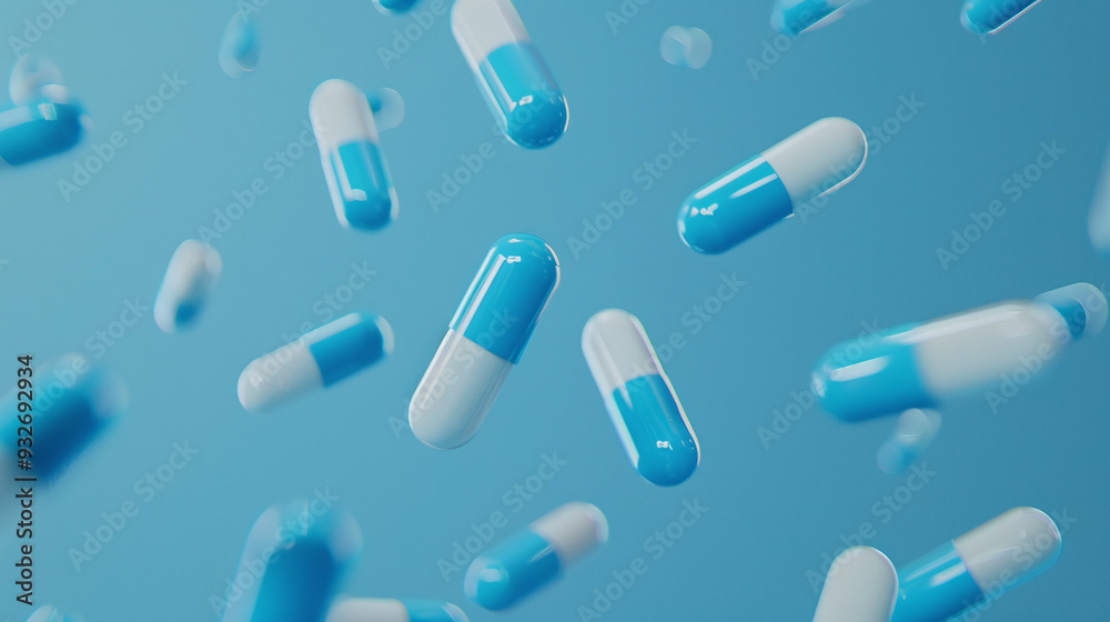 Floating Blue and White Capsules on a Serene Blue Background - Healthcare and Pharmaceuticals Concept Floating Blue and White Capsules on a Serene Blue Background - Healthcare and Pharmaceuticals Concept