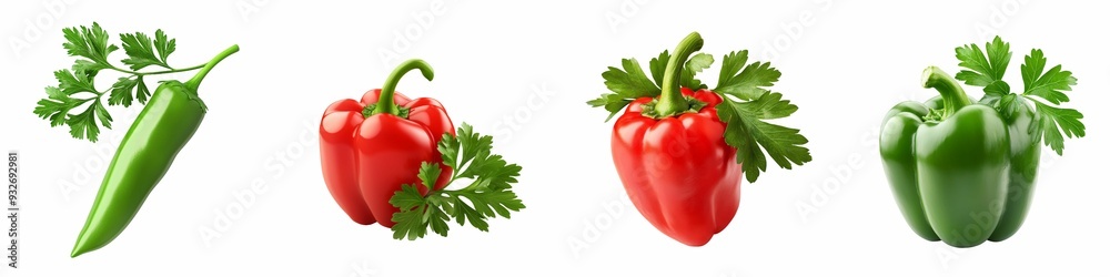 A selection of fresh green and red peppers paired with sprigs of parsley, isolated on a white background, showcasing vibrant colors and fresh ingredients. A selection of fresh green and red peppers paired with sprigs of parsley, isolated on a white background, showcasing vibrant colors and fresh ingredients.