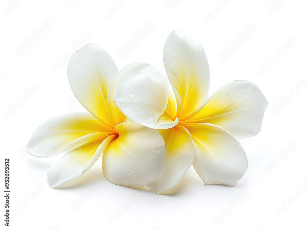 Naklejka premium Beautiful Frangipani Flower Isolated on White Background Highlighting Tropical Elegance