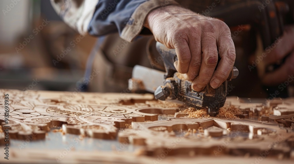 Close-up of Carpenter Using Router on Wooden Pattern. Close-up of Carpenter Using Router on Wooden Pattern.