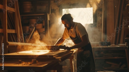 Carpenter working with wood in his workshop.