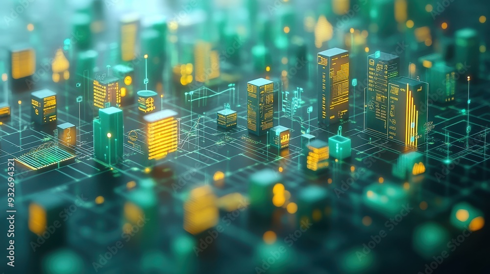 Obraz premium Futuristic Cityscape with Data Flow and Digital Buildings