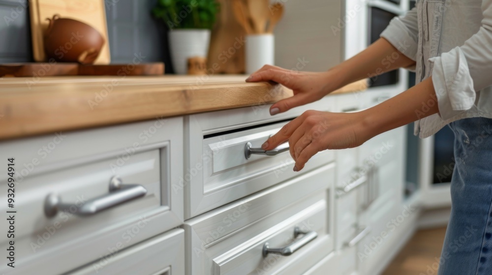 Woman's hand opening a drawer in a modern kitchen.