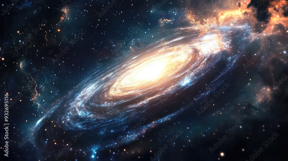 Obraz premium Image of a rotating galaxy with dynamic spiral arms and glowing stellar cores, illustrating the continuous movement of celestial flux.