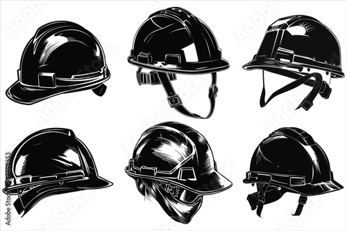 engineer hard hat Safety Helmet Silhouette Bundle Set black Vector isolated on a white background