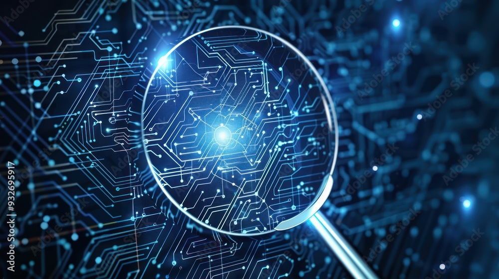 Magnifying Glass Over Circuit Board Magnifying Glass Over Circuit Board