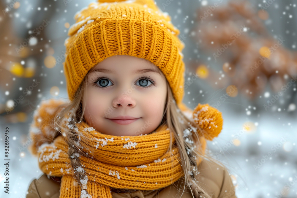 A young girl wearing a yellow hat and scarf is smiling in the snow. Concept of warmth and happiness despite the cold weather A young girl wearing a yellow hat and scarf is smiling in the snow. Concept of warmth and happiness despite the cold weather