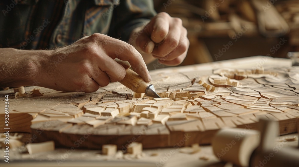 Wood Carver Working On Intricate Design. Wood Carver Working On Intricate Design.