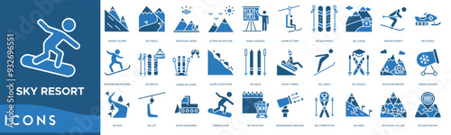 Ski Resort icon. Sky, Snowy Slopes, Ski Trails, Mountain Views, Alpine Adventure and Skiing Lessons