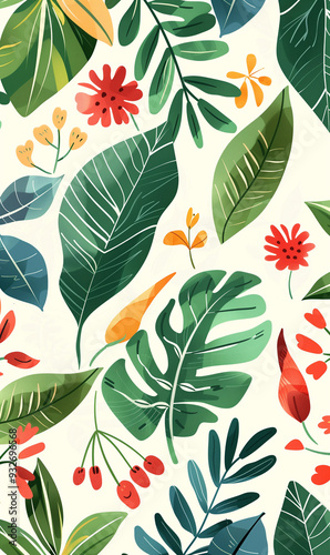Vibrant and colorful pattern featuring tropical leaves and flowers, perfect for summer designs and projects. Ideal for background, wallpaper, or textile print.