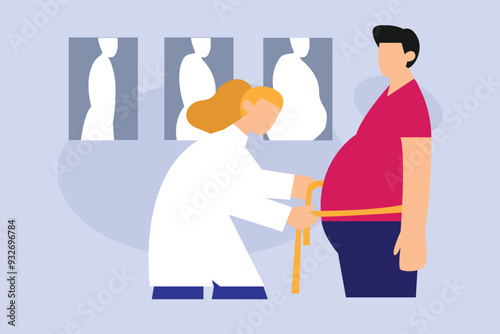  Overweight man with metabolic syndrome at doctors appointment, endocrinology study abstract metaphor 2d flat vector illustrations