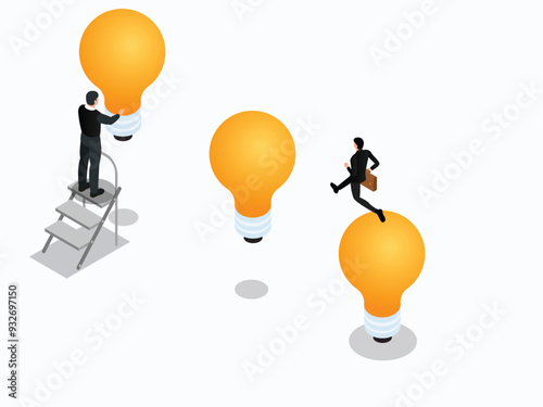 Moving to a better innovative company, adapting to a new concept, Businessman jumping from old to new shiny light bulb idea 3d isometric vector illustration