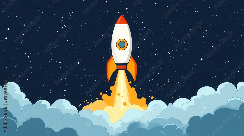 Fototapeta premium Rocket Launch Through Clouds and Stars