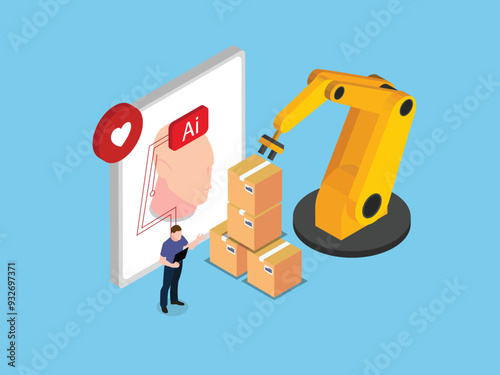 AI-driven robotics order picking, packaging, and warehouse management 3d isometric vector illustration