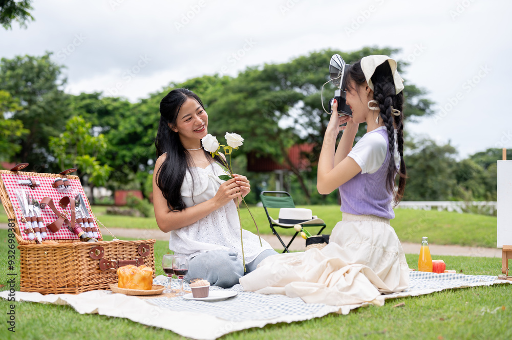 Naklejka premium A happy Asian woman takes a picture of her friend with a retro camera while they enjoy a picnic.