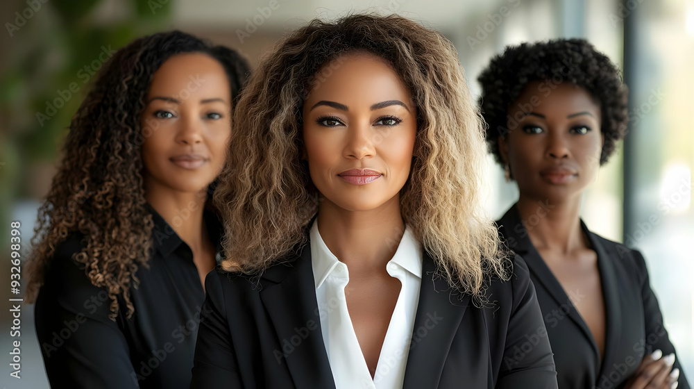 Three confident women in professional attire posing together.