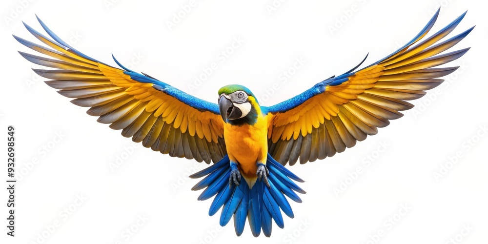 Obraz premium Blue and Gold Macaw in Flight, Wings Spread Wide, Isolated on White, Colorful Feathers, Bird Photography, macaw, bird