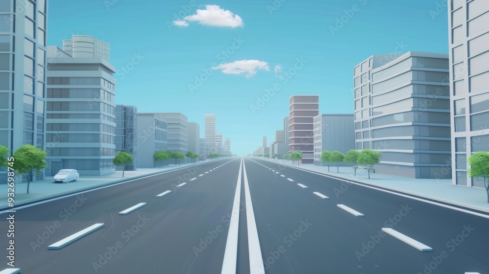 Cityscape with a Single Car on a Long Street Cityscape with a Single Car on a Long Street