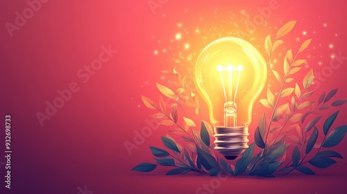 Glowing Light Bulb with Leaves on Red Background