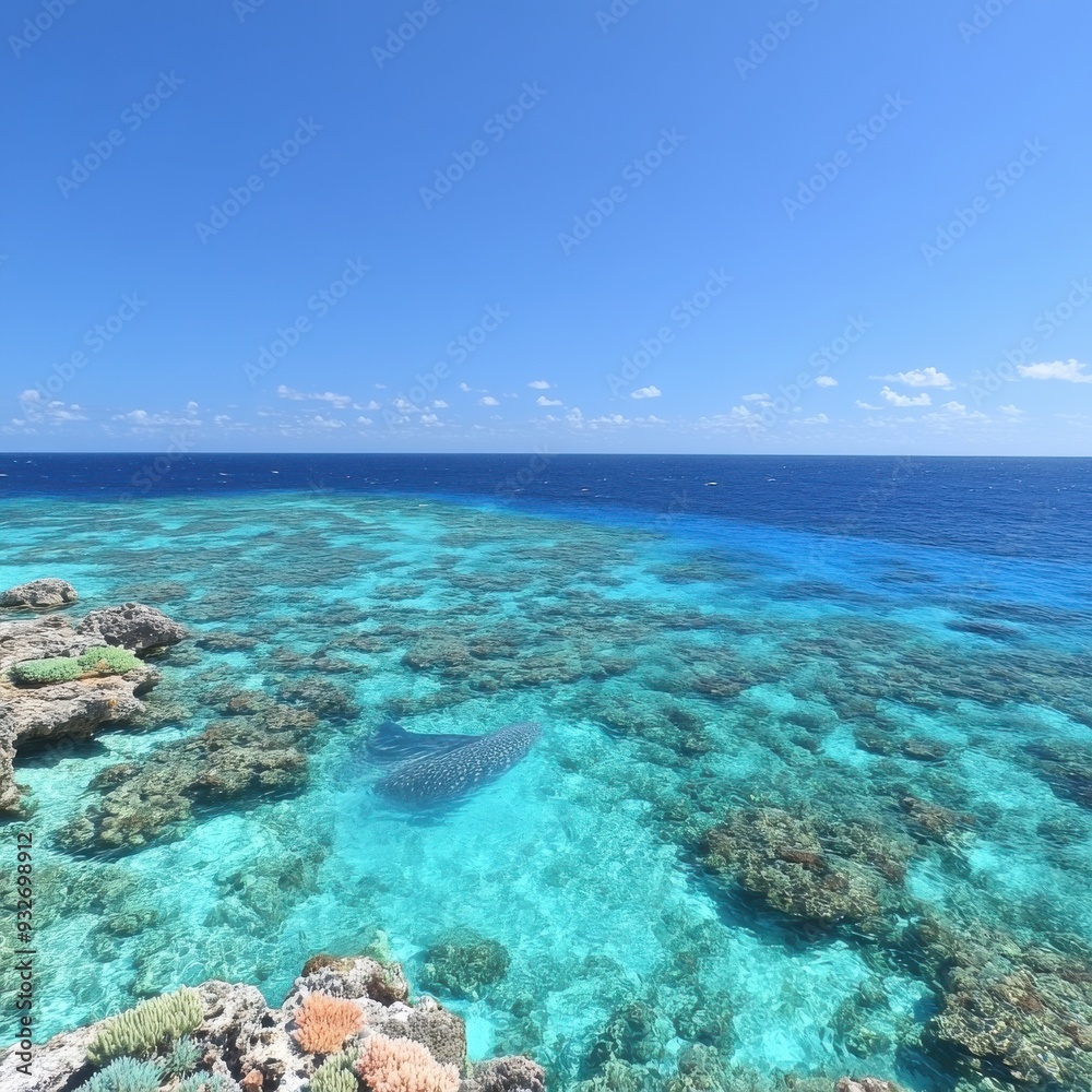 Fototapeta premium Stunning Aerial View of Vibrant Coral Reef and Clear Blue Ocean Waters Under a Bright Sunny Sky - Ideal for Nature and Marine Life Enthusiasts