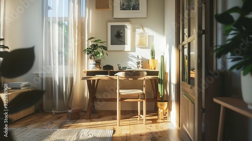 Wallpaper Mural Home Office with Minimalist Design: Wooden Desk, Decorative Items, Chair, and Potted Plants. A Doorway Opens to a Cozy Adjacent Room. Home Decor Torontodigital.ca