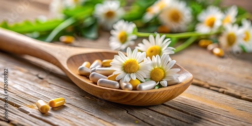 Chamomile and Supplement Capsules in a Wooden Spoon, Natural Remedy, Herbal Medicine, Dietary Supplement, Wellness