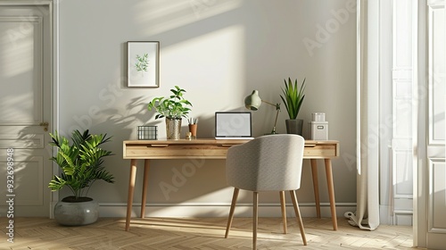 Home Office with Minimalist Design: Wooden Desk, Decorative Items, Chair, and Potted Plants. A Doorway Opens to a Cozy Adjacent Room. Home Decor