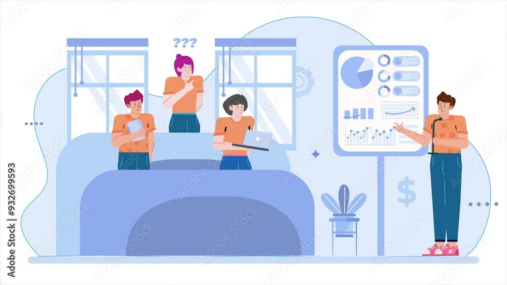 people engages with data on a screen, showcasing teamwork and communication in a modern setting illustration business animated video people engages with data on a screen, showcasing teamwork and communication in a modern setting illustration business animated video