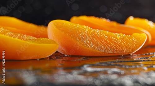 Close-up of apricot halves with a focus on the textured surface and the vibrant interior, contrasted against a clean, minimalistic backdrop photo