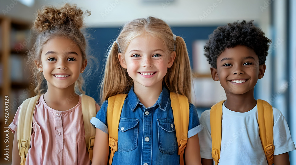 Three smiling children with backpacks in a school setting. Three smiling children with backpacks in a school setting.