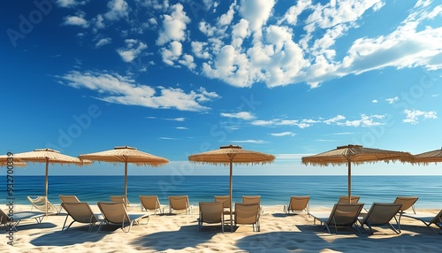 There are neat lounge chairs and parasols on the beach, and the blue sky and white clouds set off against the tranquil sea view.