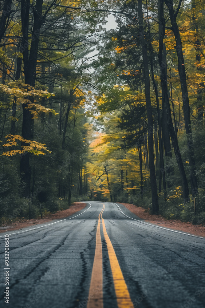 Fototapeta premium Tranquil nature landscape with a scenic forest road, tall trees, highway, and winding path. Lush greenery and serene atmosphere create a picturesque scene.