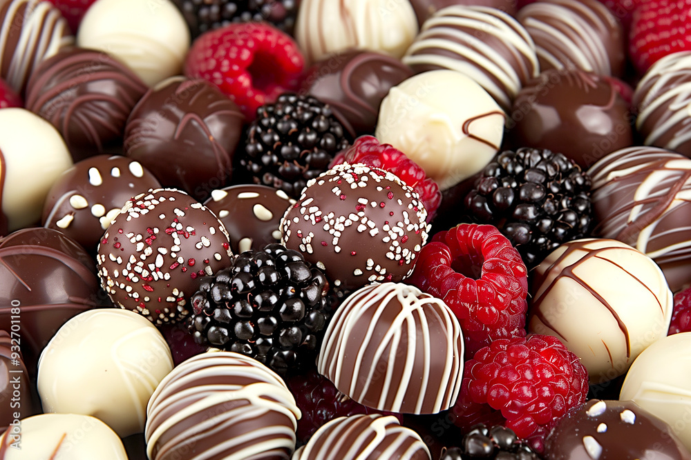 A close up of a variety of chocolate and raspberry desserts. The desserts are arranged in a way that highlights their different colors and textures. Scene is one of indulgence and luxury A close up of a variety of chocolate and raspberry desserts. The desserts are arranged in a way that highlights their different colors and textures. Scene is one of indulgence and luxury