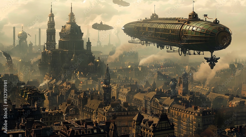 Steampunk Cityscape with Majestic Airships Floating Over Industrial Era ...