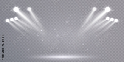 Vector spotlights with bright white light to illuminate the stage. Spotlight with bright white light. Vector spotlight for studio. Vector illustration	
