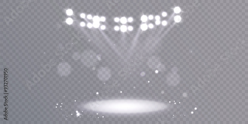 Vector spotlights with bright white light to illuminate the stage. Spotlight with bright white light. Vector spotlight for studio. Vector illustration	