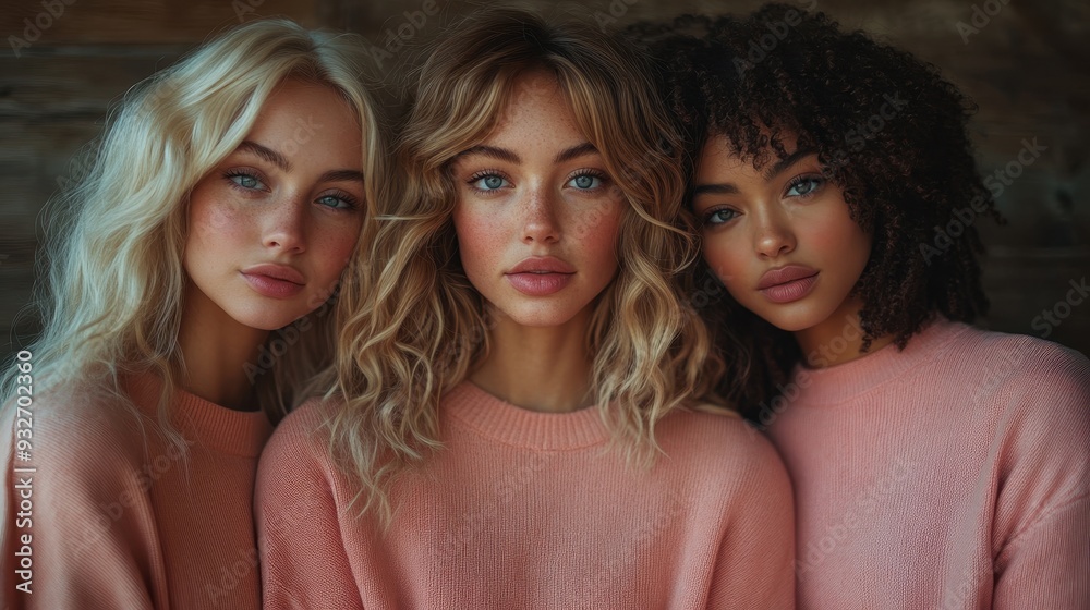 Three Beautiful Women with Different Hair Colors in Pink Sweaters Three Beautiful Women with Different Hair Colors in Pink Sweaters