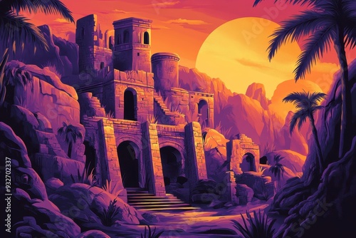 Ruined Stone Structure in a Desert Landscape with a Large Sun