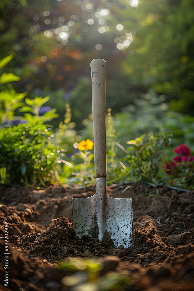Well-Worn Spade in a Lively Garden Setting Under Bright Sunlight Well-Worn Spade in a Lively Garden Setting Under Bright Sunlight