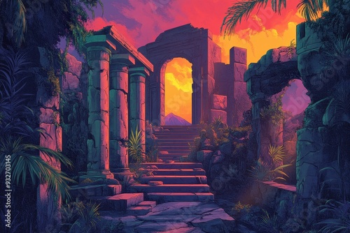 Ancient Ruins with Steps Leading to a Sunset View