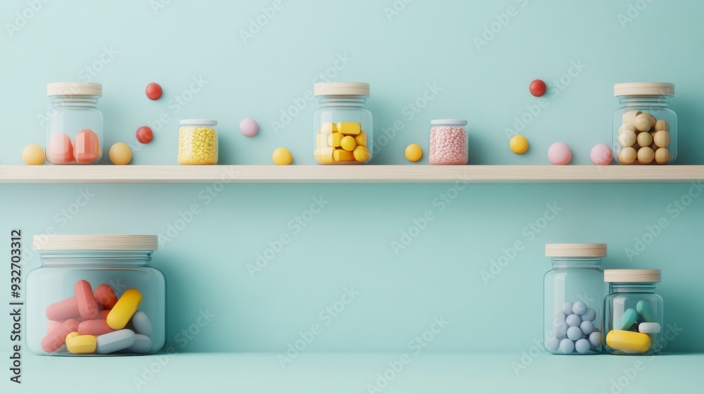 Colorful jars filled with various candies arranged on a pastel shelf, creating a whimsical and vibrant display. Colorful jars filled with various candies arranged on a pastel shelf, creating a whimsical and vibrant display.